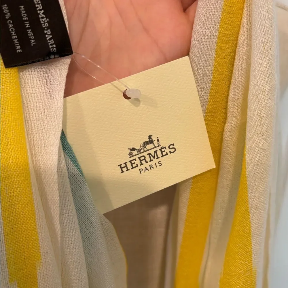NWT Hermes Yellow and Green cashmere bamboo striped Scarf